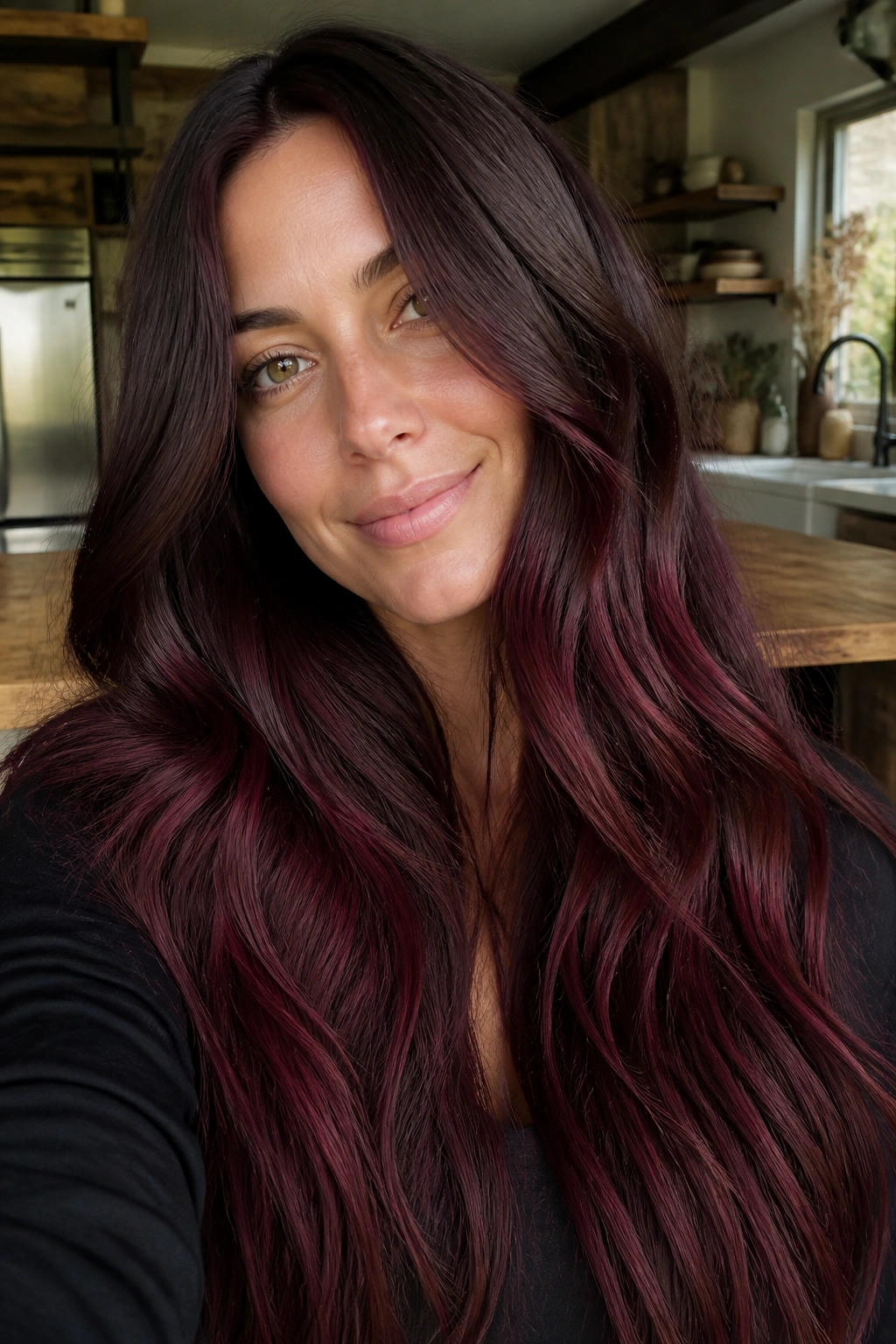 Close-up of cocoa brown hair with mulled wine balayage