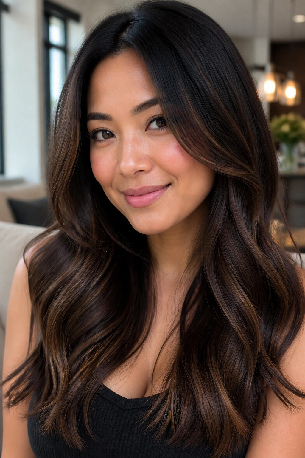 Real woman with cocoa ombré from dark roots to cocoa mid-lengths and ends