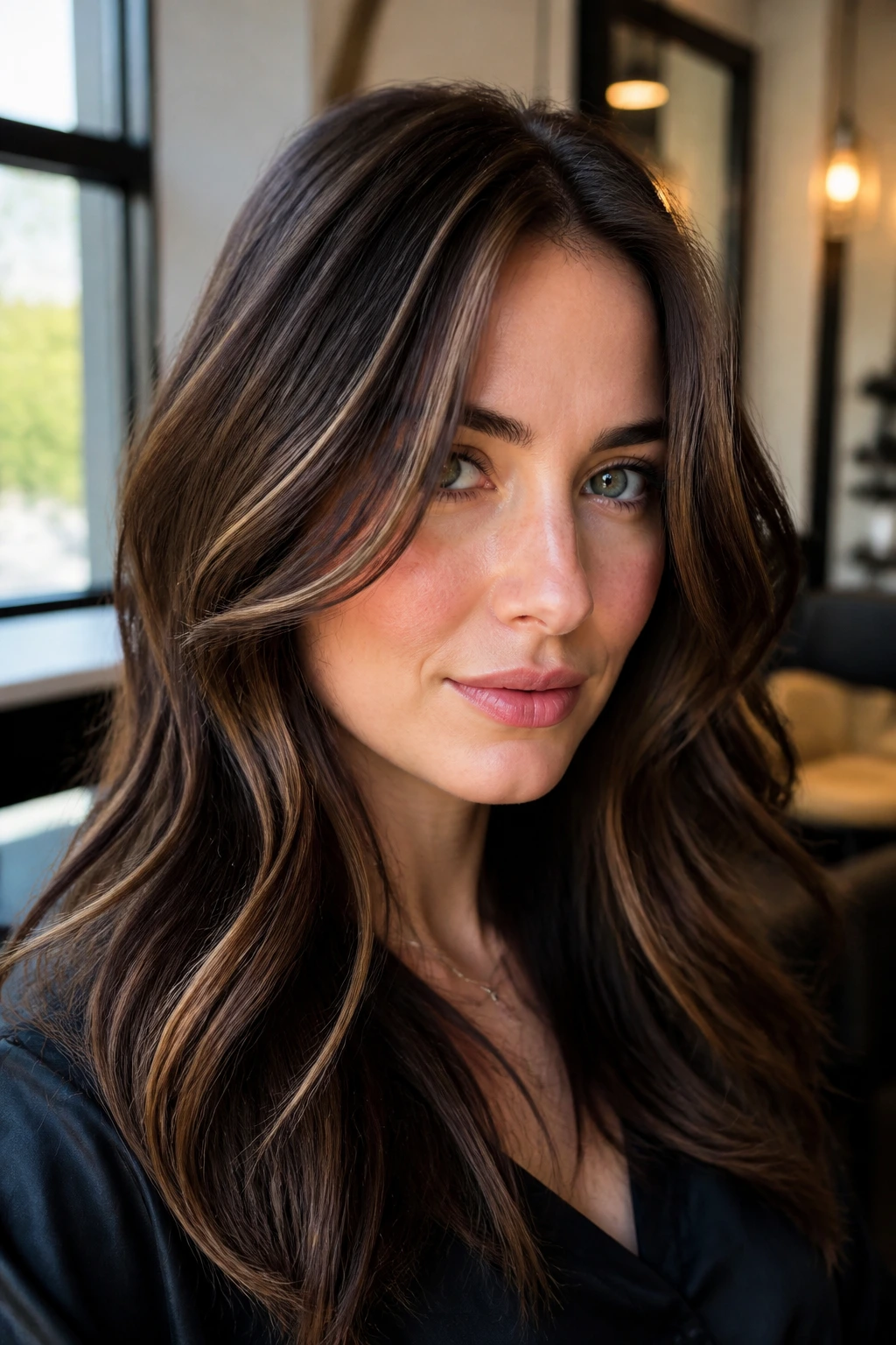 Close-up of a real woman with cocoa ribbon highlights in cool brunette hair