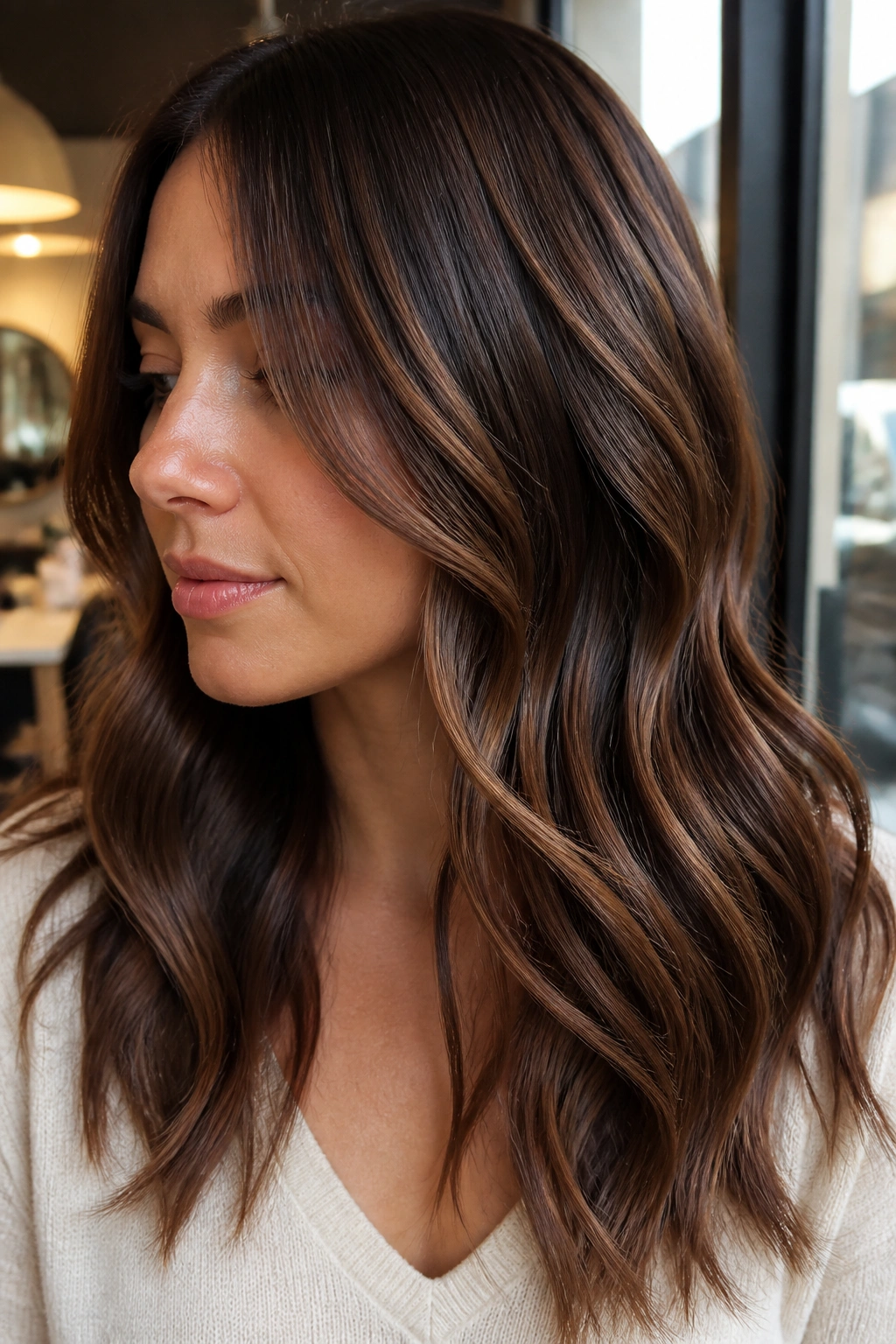 Close-up of a real woman with chestnut hair and cocoa ribbon highlights