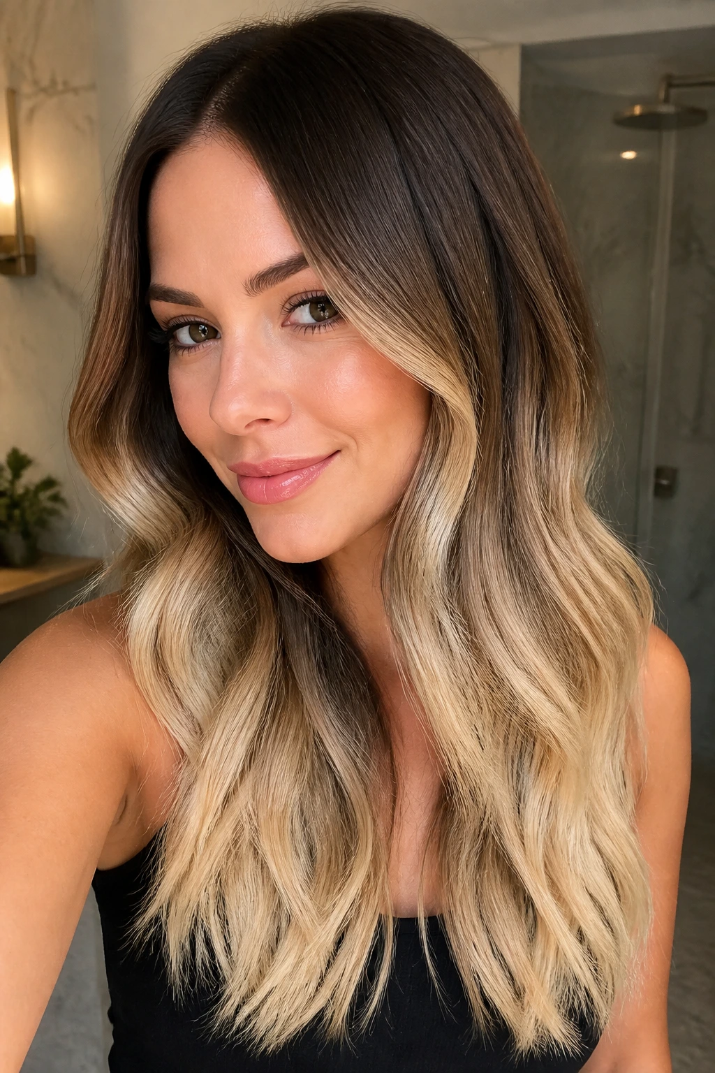 Real woman with cocoa roots and creamy blonde ends