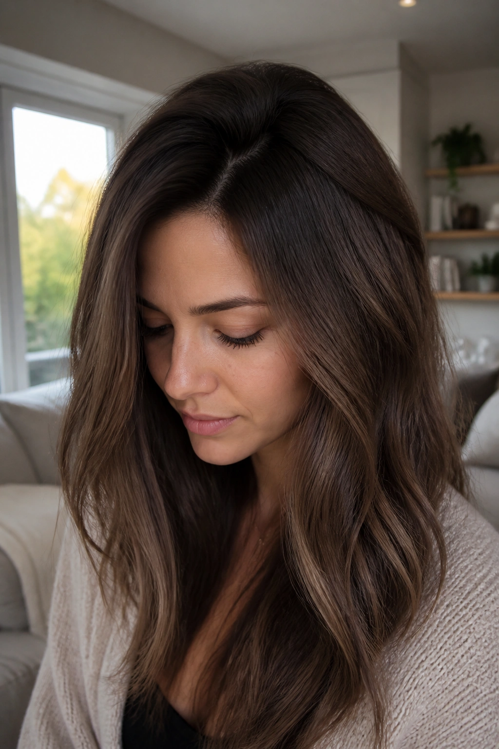 Close-up of cocoa root shadow on brunette with deep roots and cool brown lengths