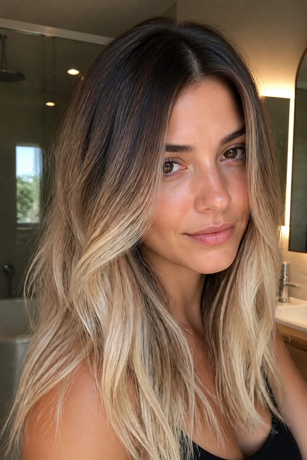 Portrait of a real woman with cocoa root shadow and platinum-tinged blonde ends