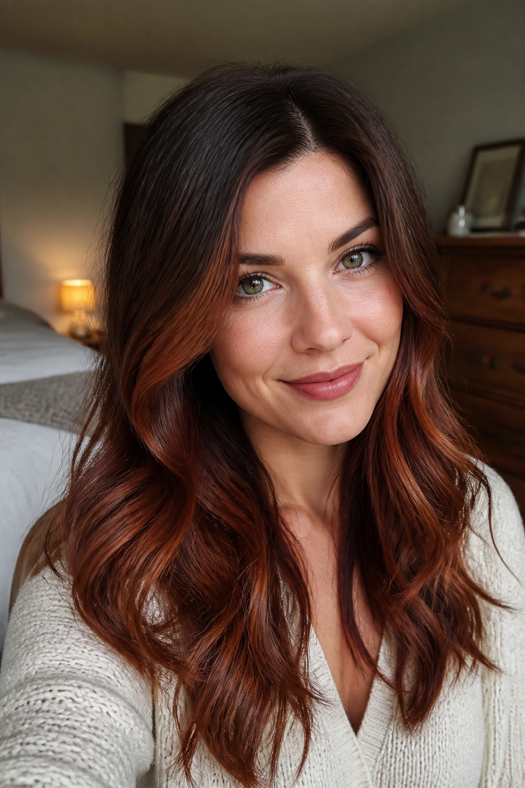 Close-up of cocoa root smudge hair with deep chocolate roots and auburn ends.