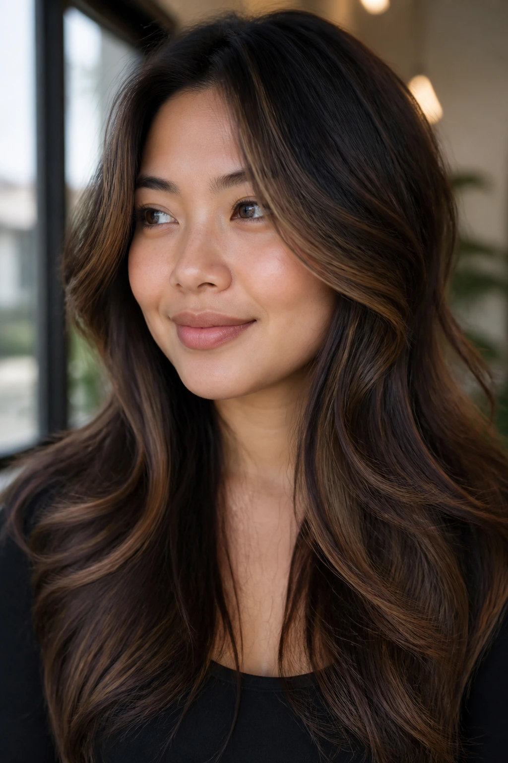 Real woman with cocoa swirl balayage and long curtain layers framing the face