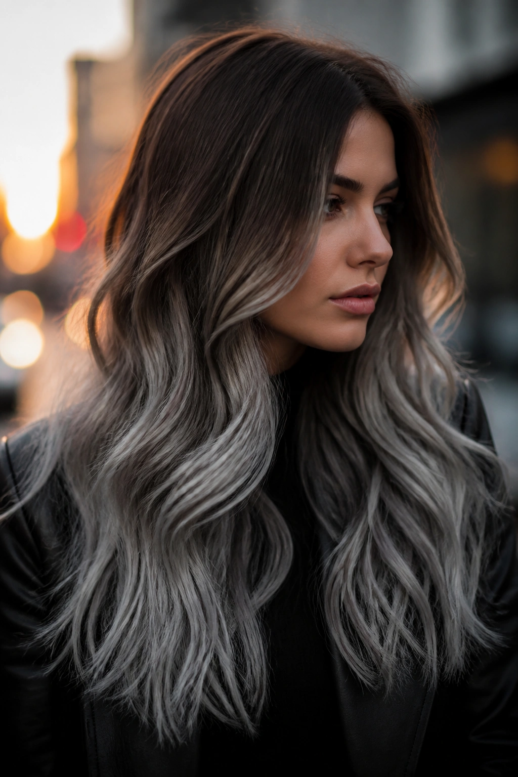 Close-up of real person with cocoa-to-silver ombre on long hair in outdoor light.