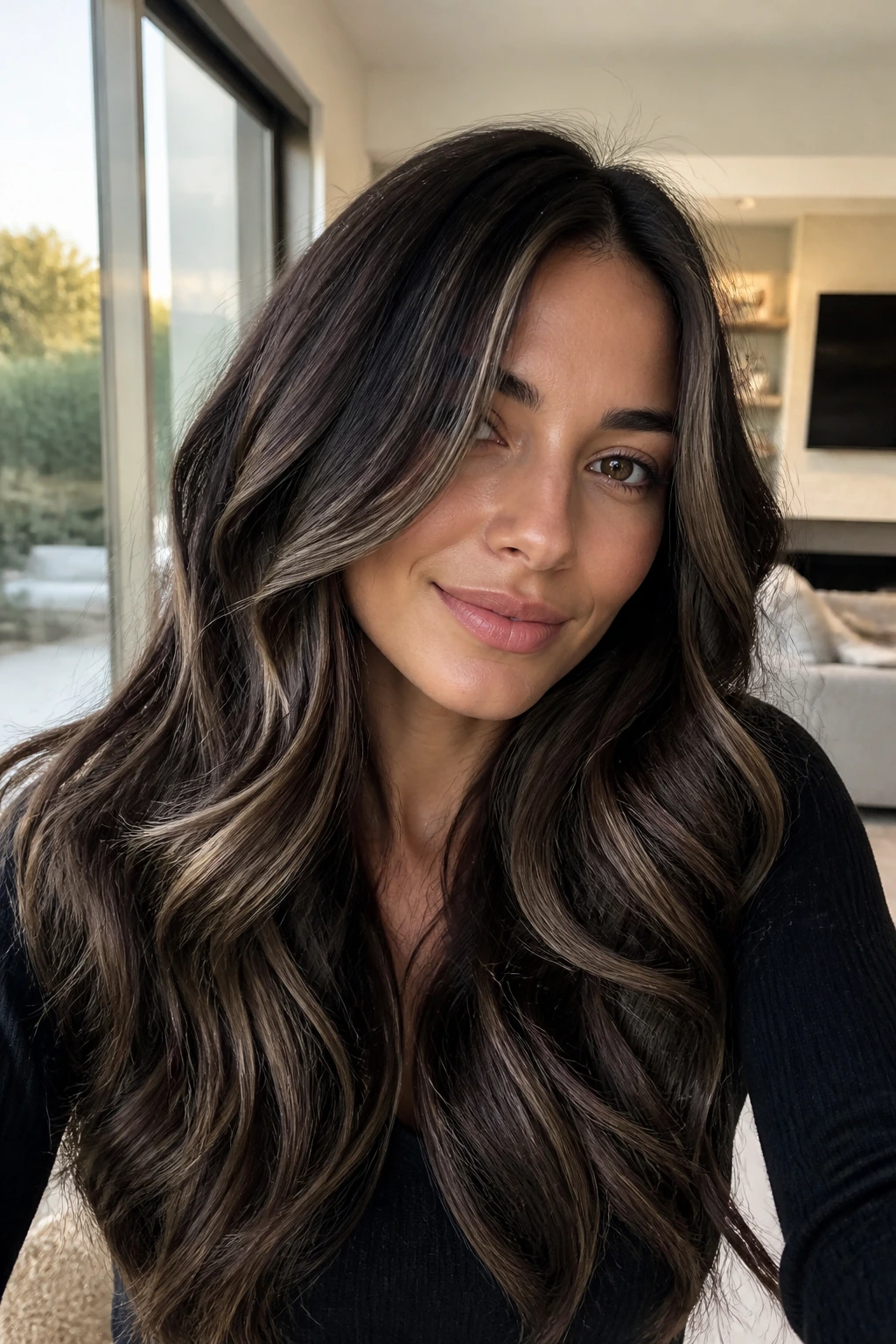 Close-up of a real woman with cocoa truffle balayage hair in sunlight