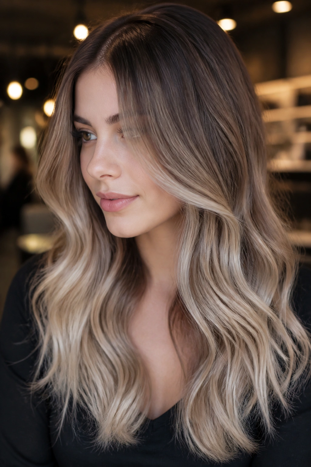 Portrait of a real woman with cocoa-to-vanilla fade from root to ends