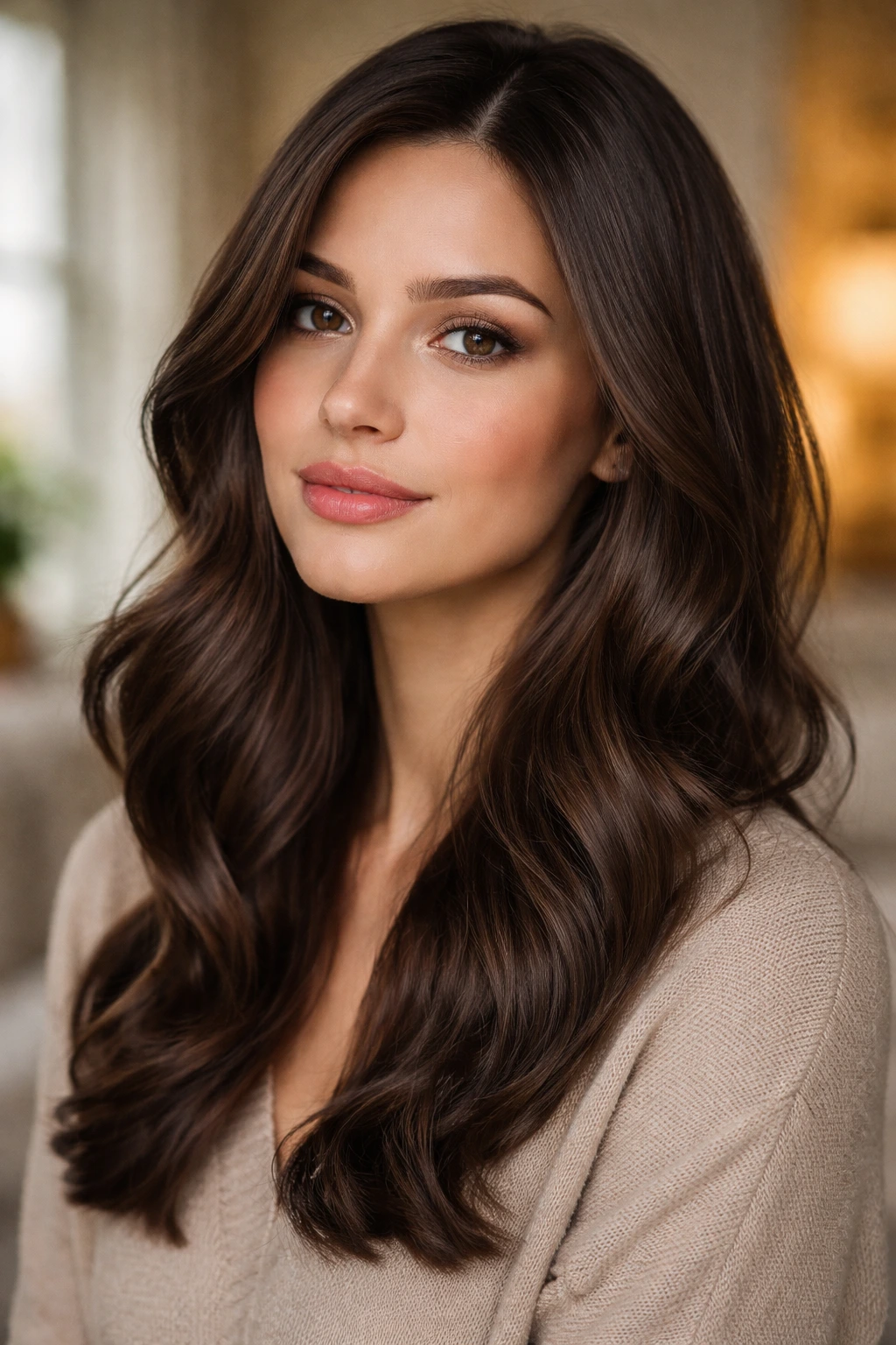 Close-up of a woman with Cocoa Velvet hair color in natural light