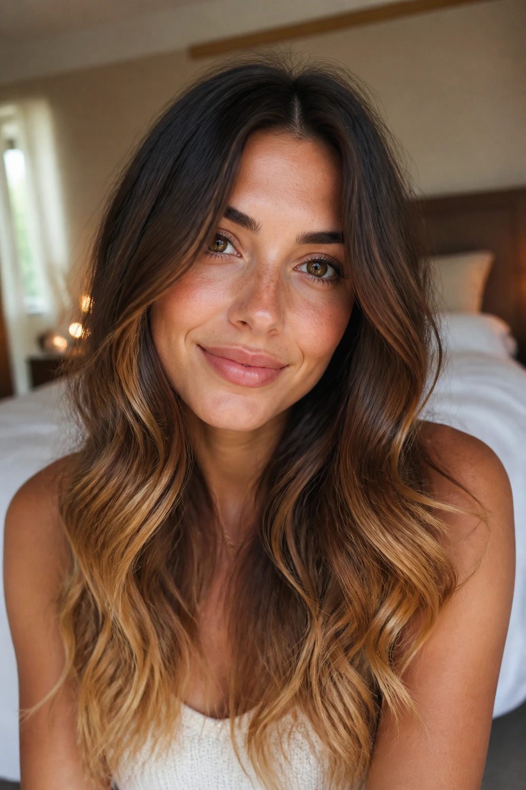 Close-up of cocoa brown hair with honey blonde tips in loose waves
