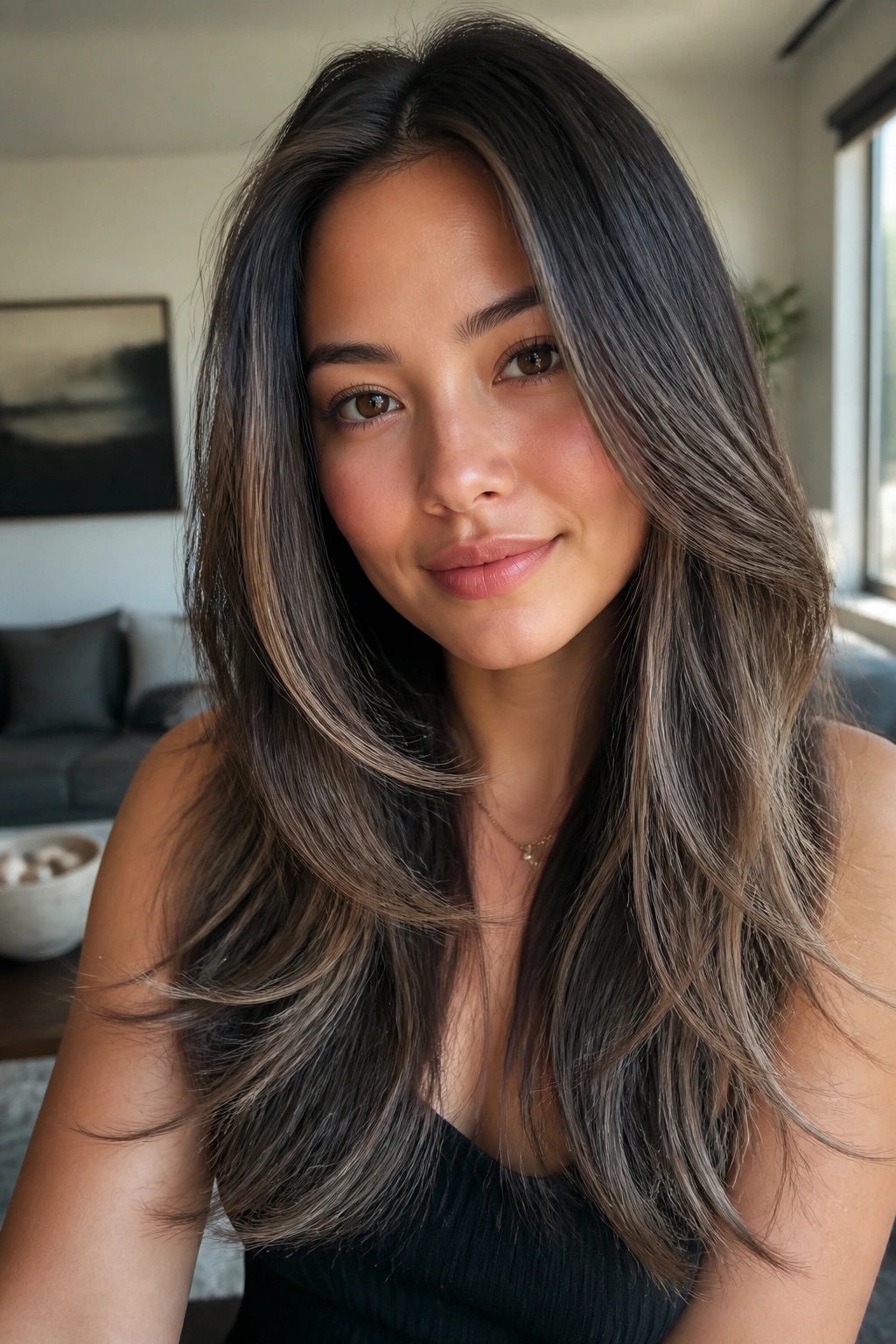 Close-up portrait of a real person with long layered hair in coffee-and-ash melt