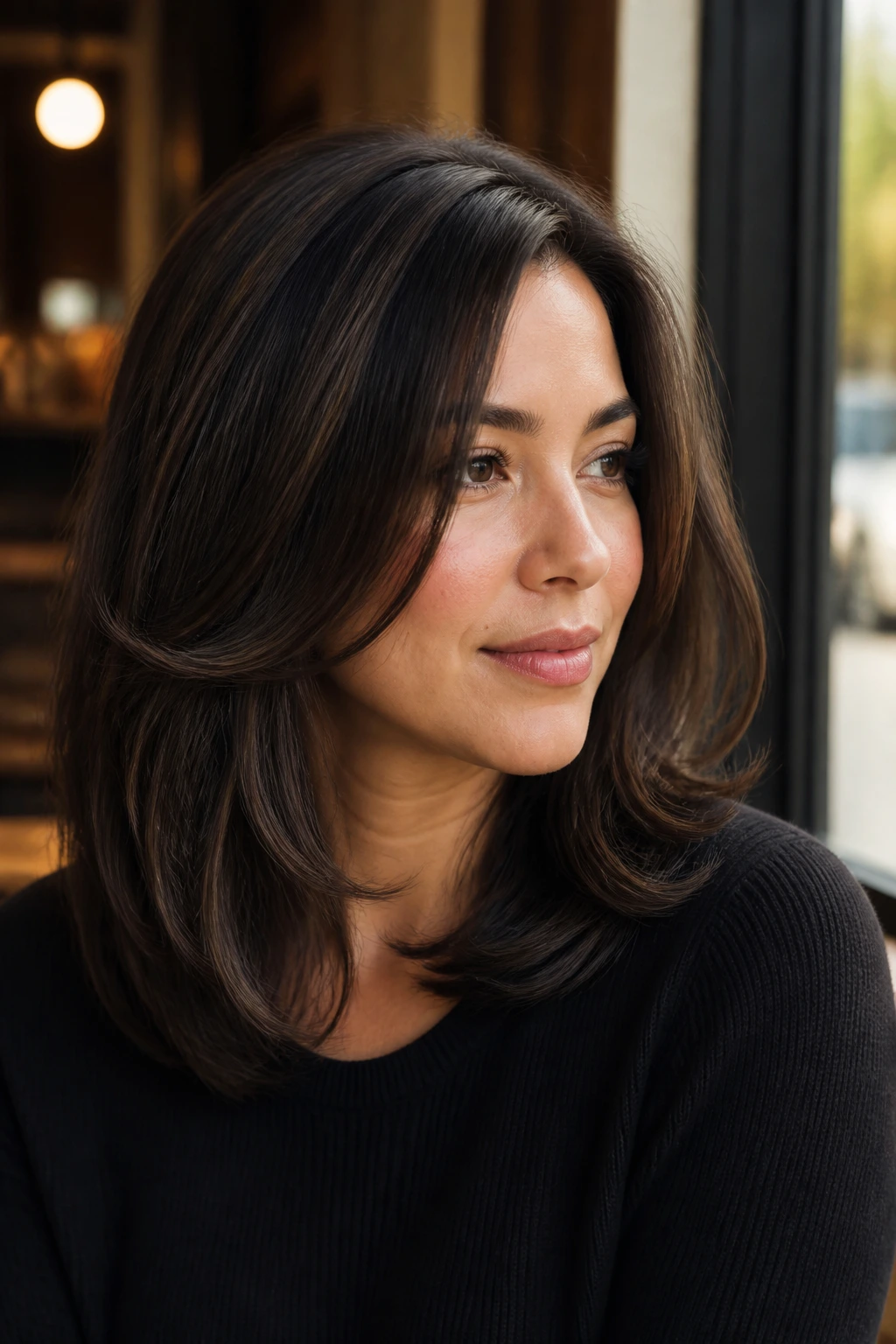 Shoulder-length portrait of a real woman with coffee bean balayage and rounded layers