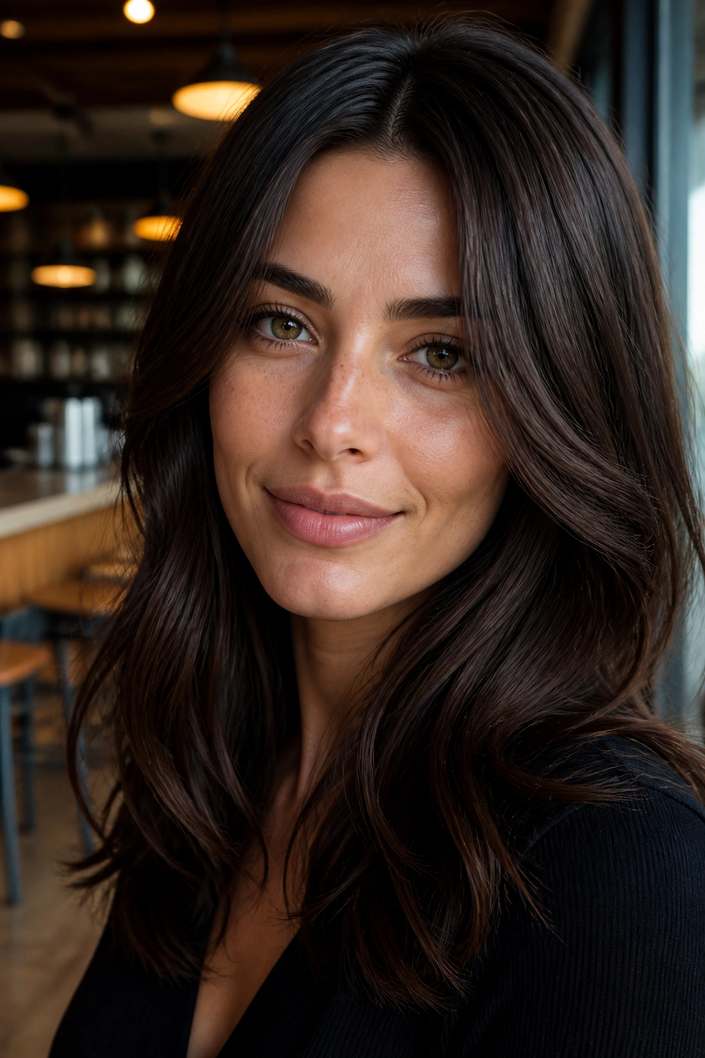 Close-up portrait of a real woman with deep coffee bean brown hair