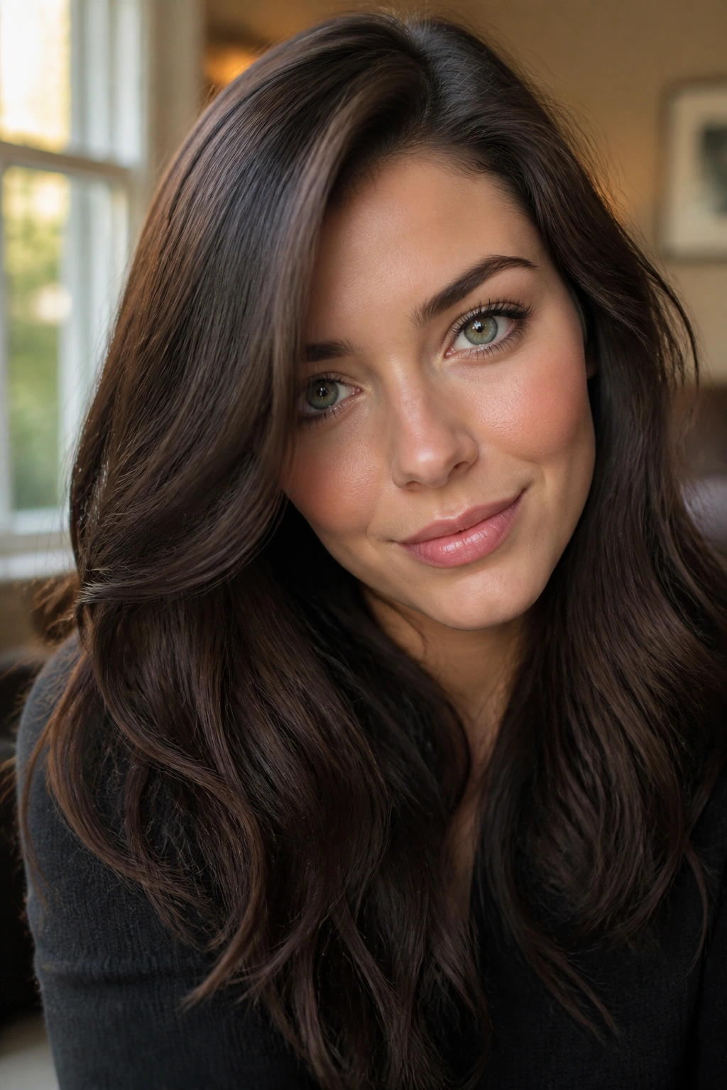 Close-up of coffee bean brunette hair with side part