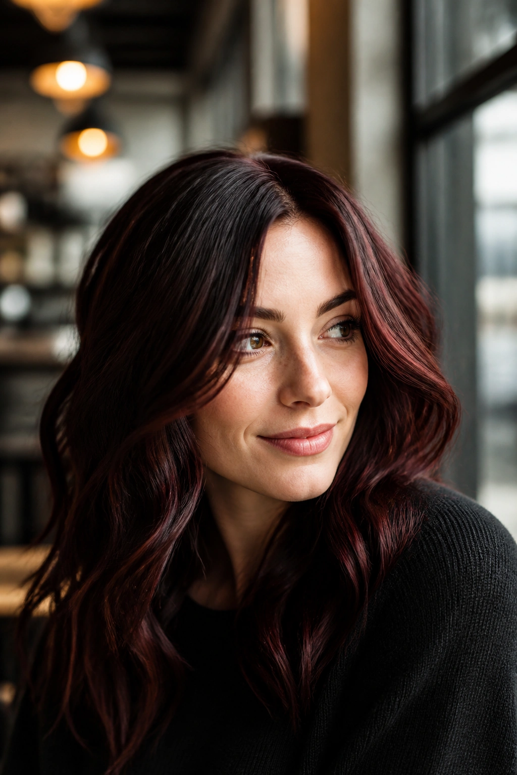 Close-up of a real woman with coffee bean garnet hair