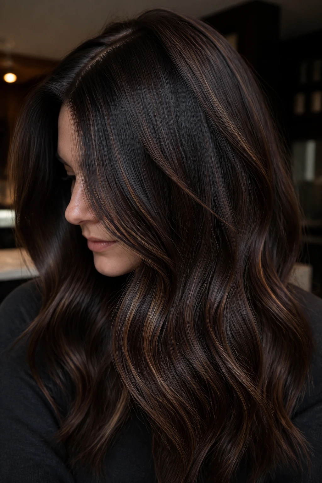 Deep coffee bean lowlights on brunette hair close-up portrait
