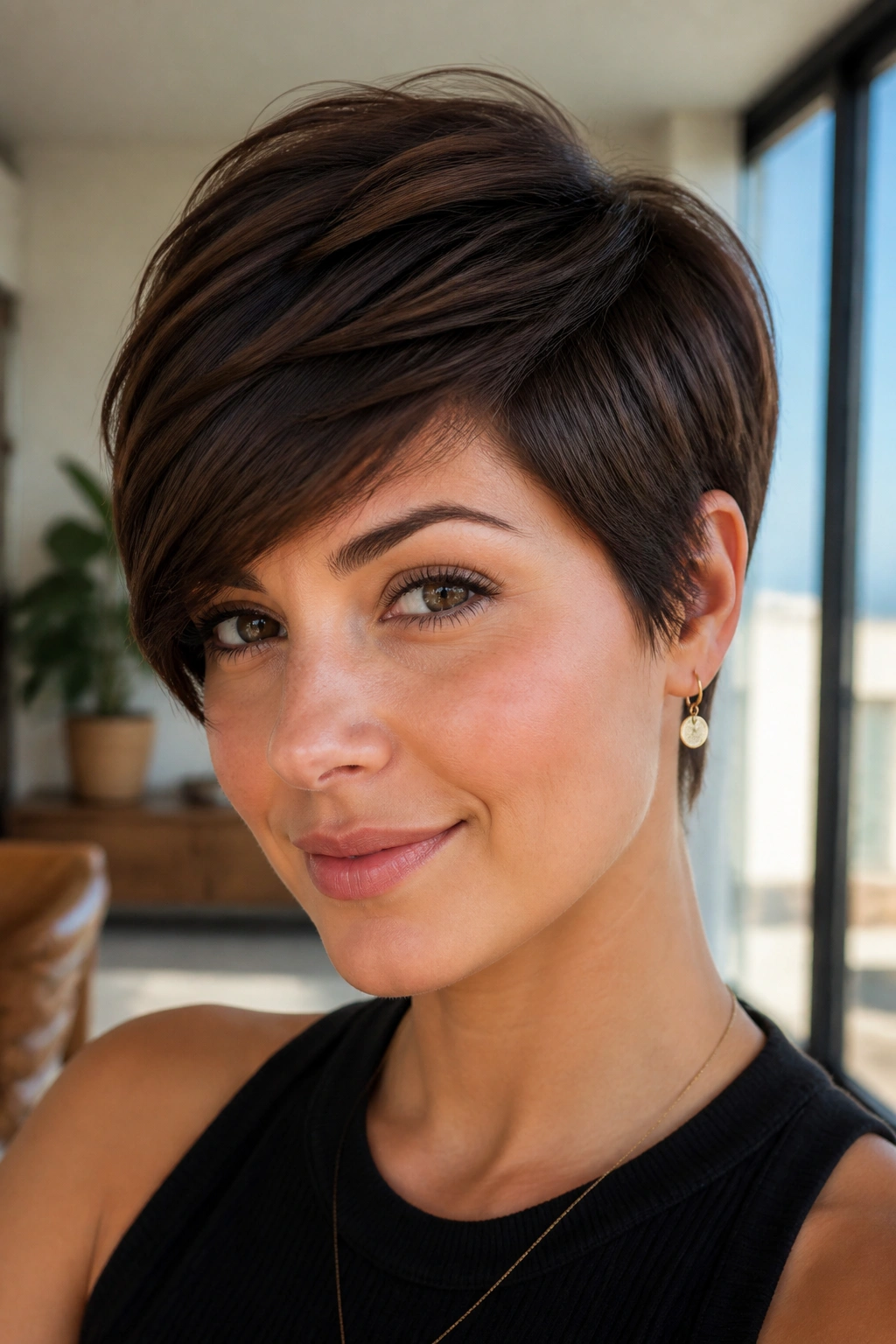Close-up portrait of a real woman with Coffee Bean Pixie With a Swooped Top showing a defined swoop.