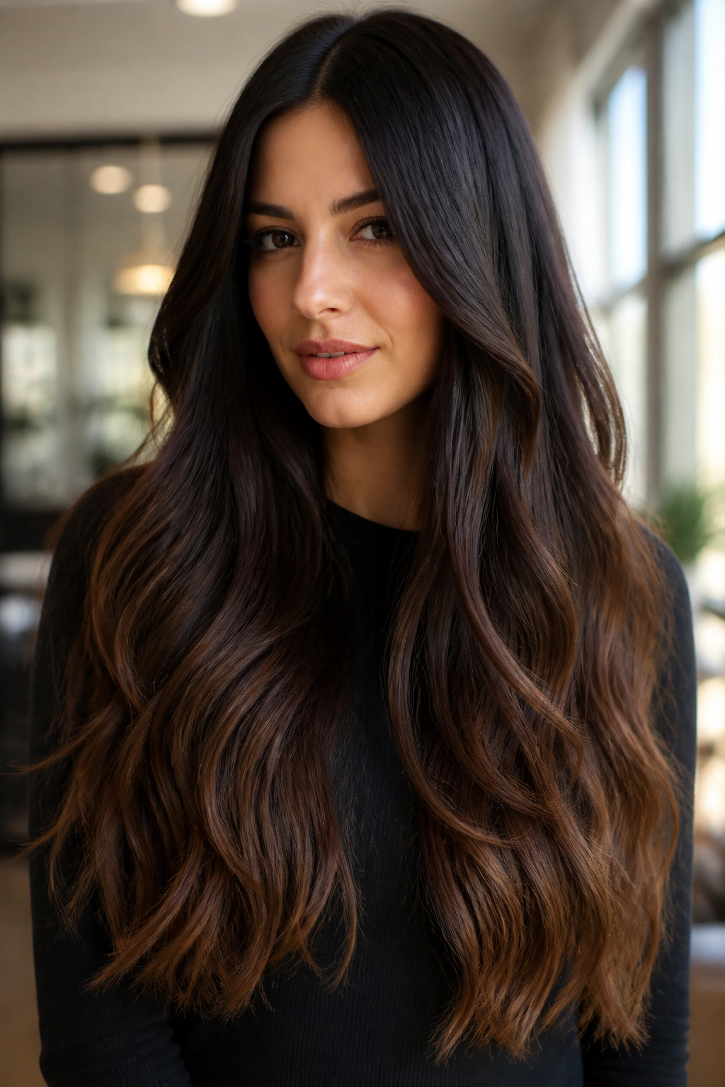 Close-up of a real woman with coffee bean to sable brown fade on long hair.