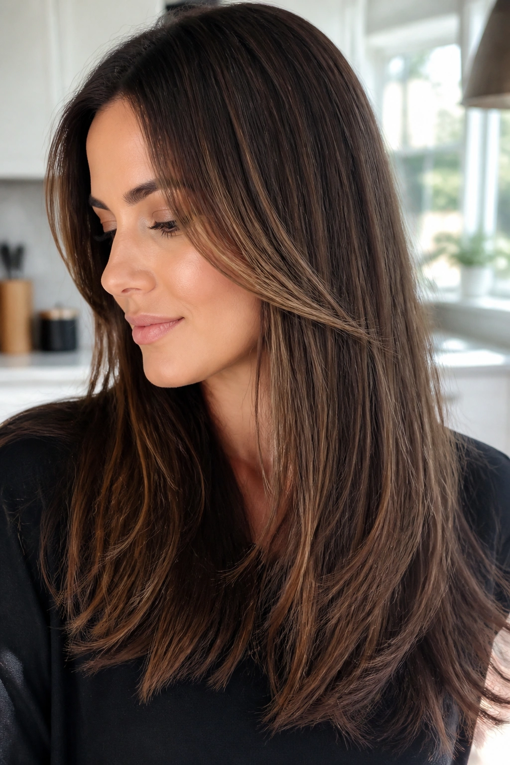 Real woman with coffee brown hair and fine babylights.