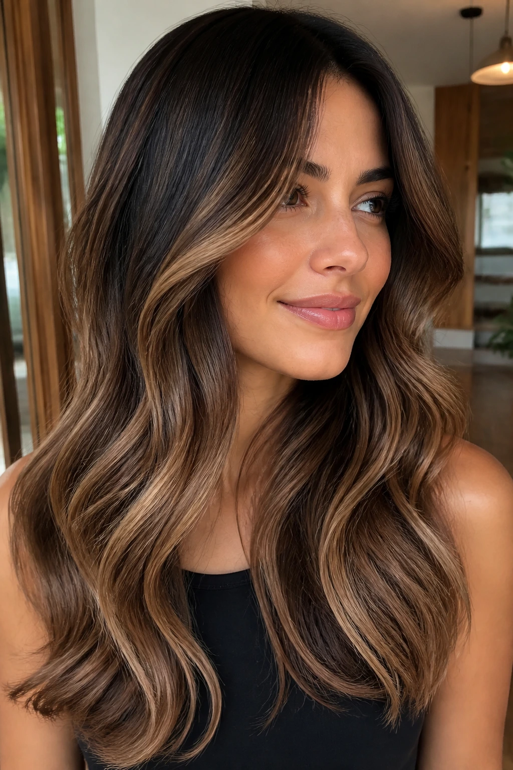 Portrait of a real woman with rich coffee brown hair and beige caramel finish