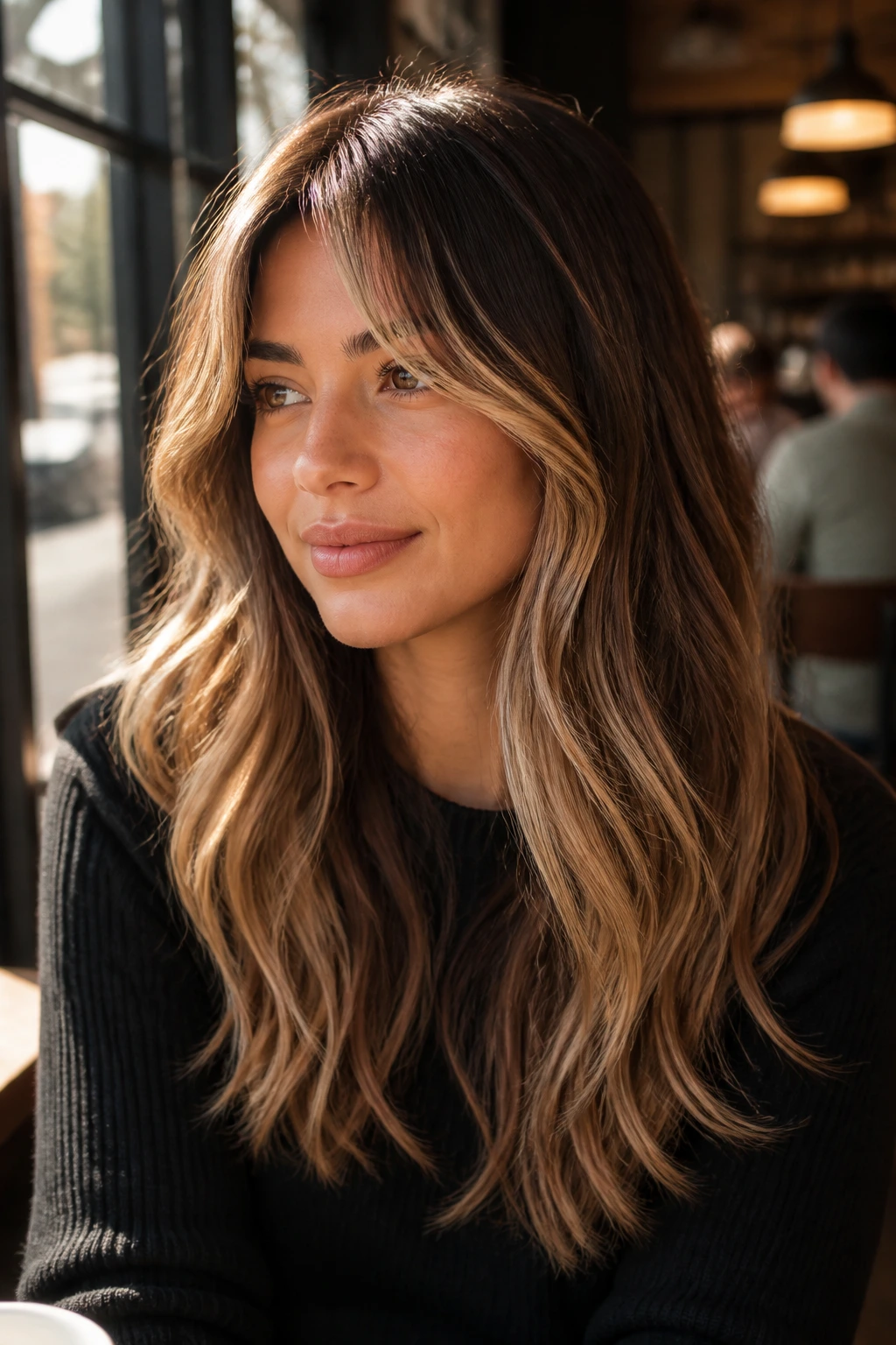 Fringe ombre with coffee brown base and sunlit fringe