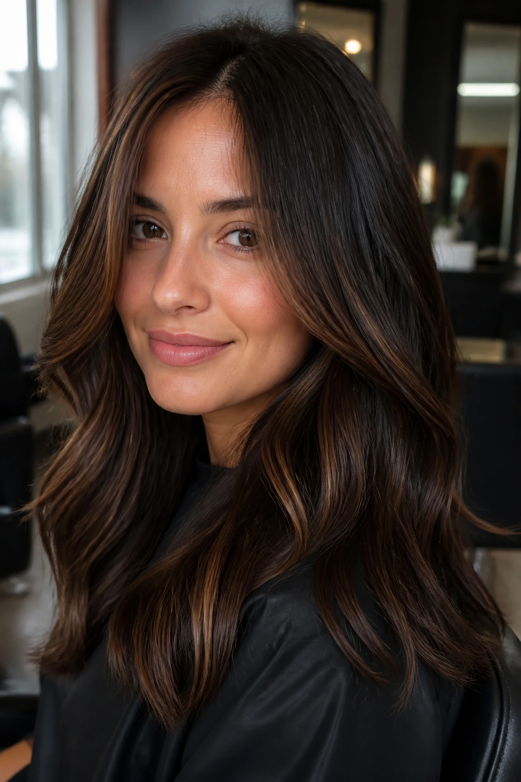Brunette with glossy coffee brown lowlights catching light evenly.
