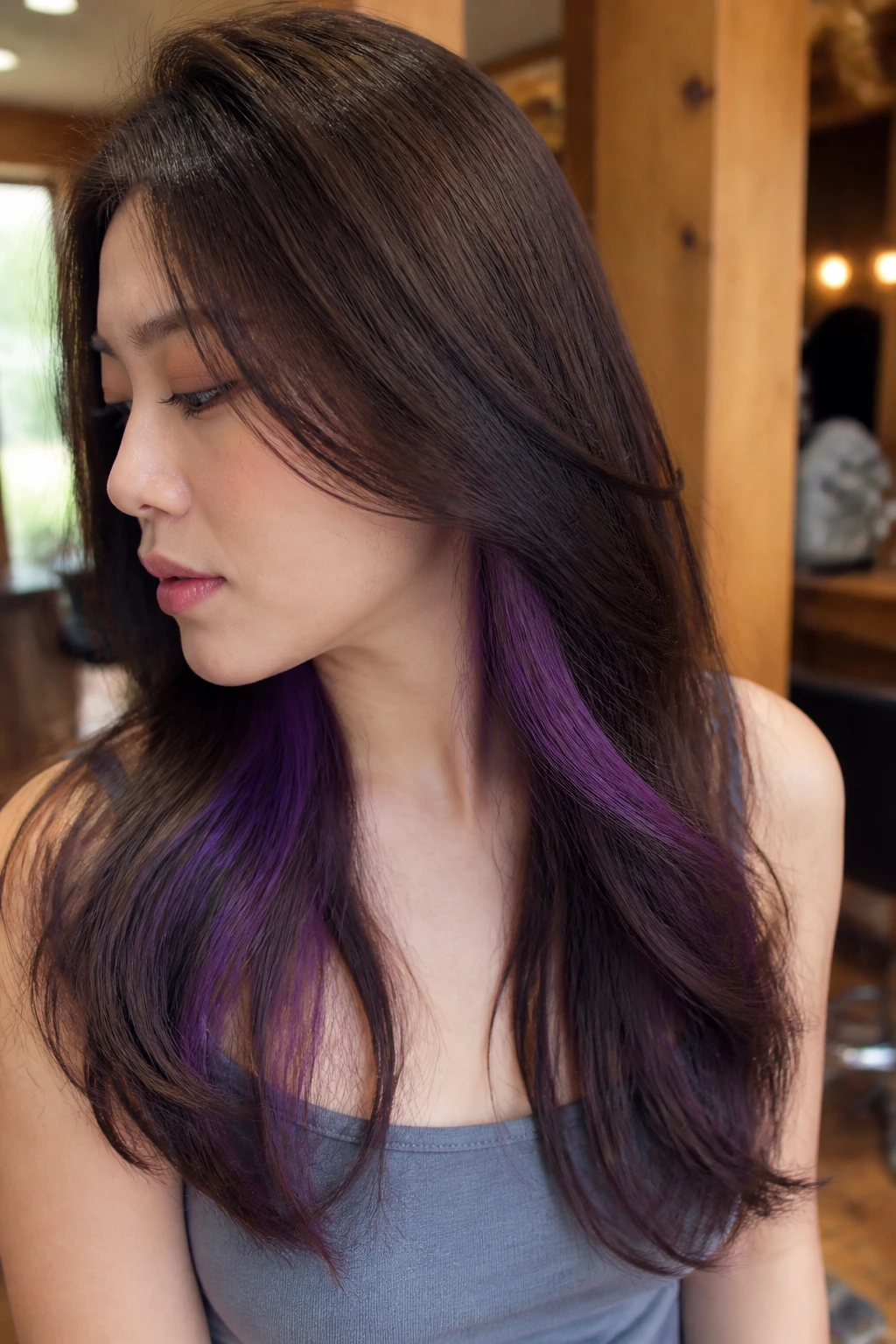 Close-up portrait of a real woman with coffee brown hair and purple underlayer peeking at the nape in a warm salon.