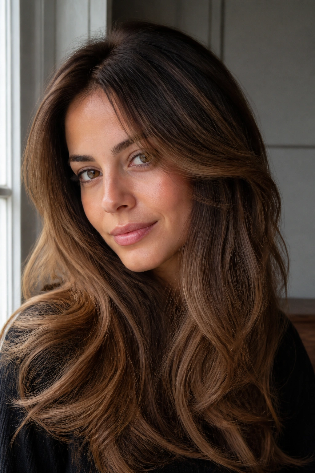 Portrait of a person with coffee brown hair and a deep root melt