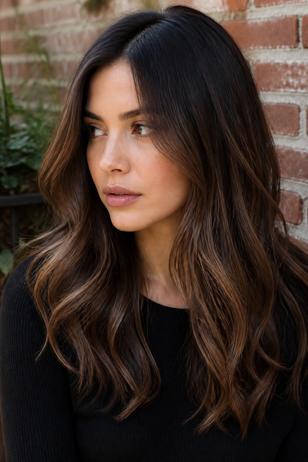 Close-up portrait of a real person with coffee brown hair and a shadow root in outdoor daylight