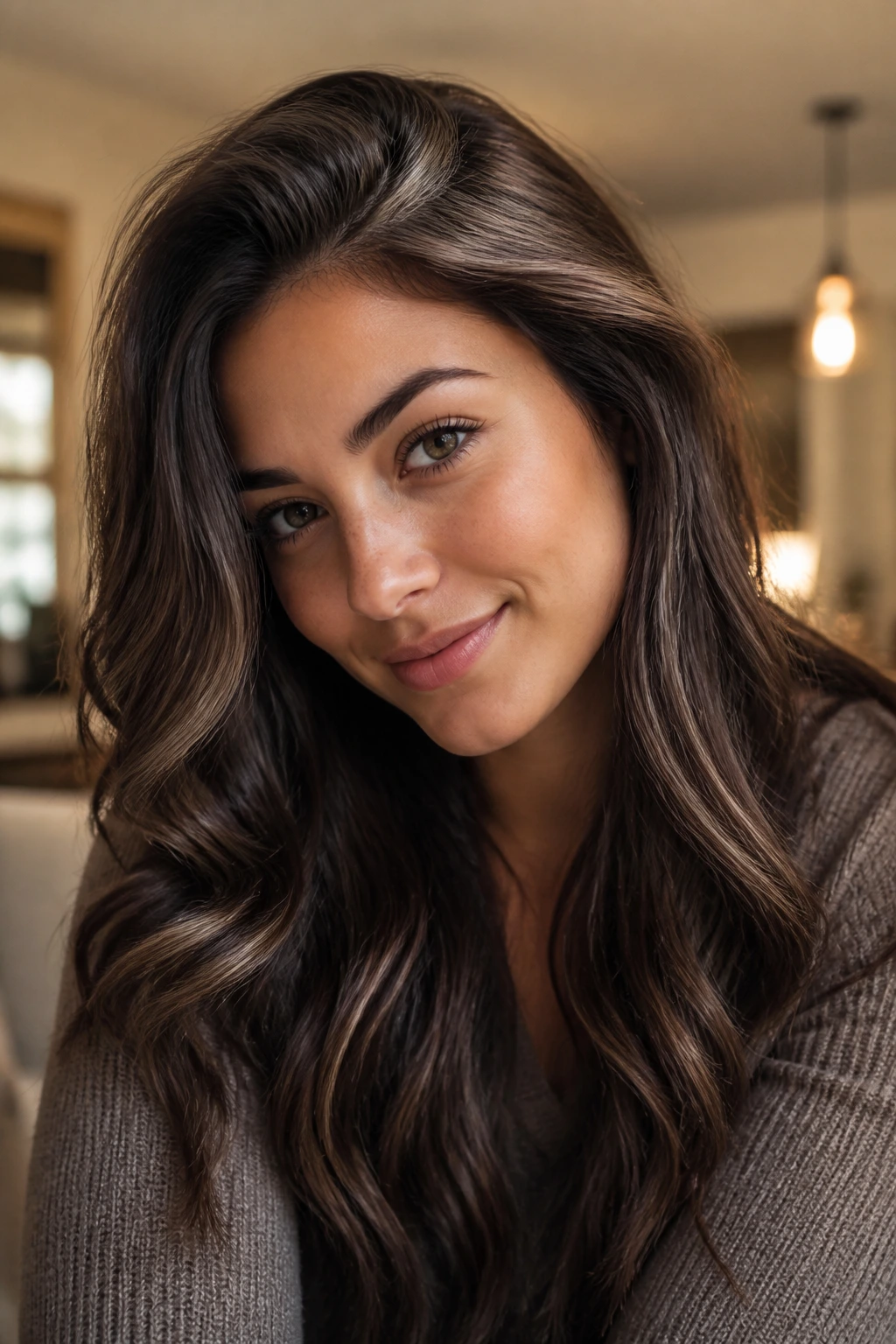 Close-up of coffee brown hair with a soft side-part glow and temple highlights