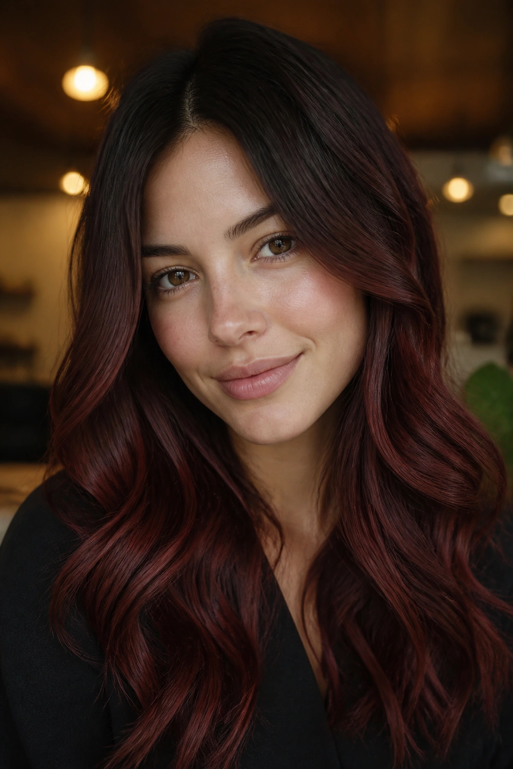 Close-up portrait of a real woman showing a coffee-to-cherry ombré on hair.