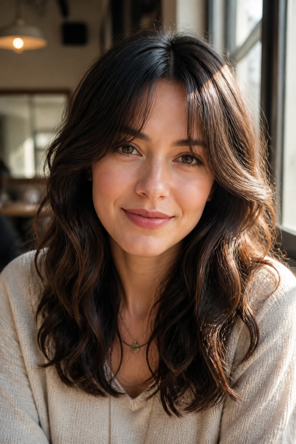 Close-up of a real woman with coffee-length waves and bottleneck bangs