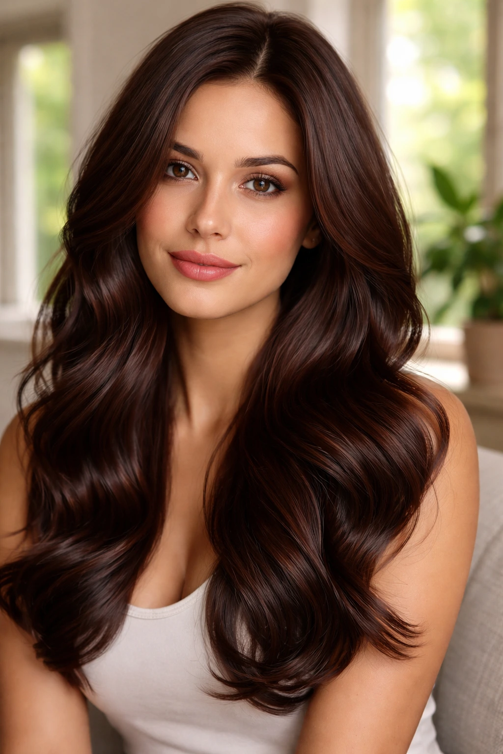 Close-up of brunette hair with coffee-mahogany tint and natural shine
