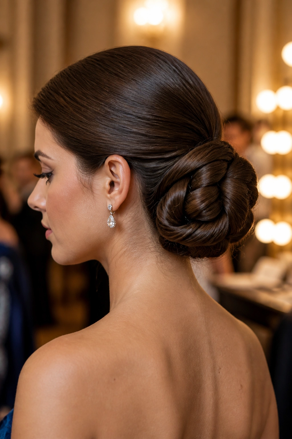 Close-up portrait of a real woman with a coiled low bun at the nape, in a formal setting