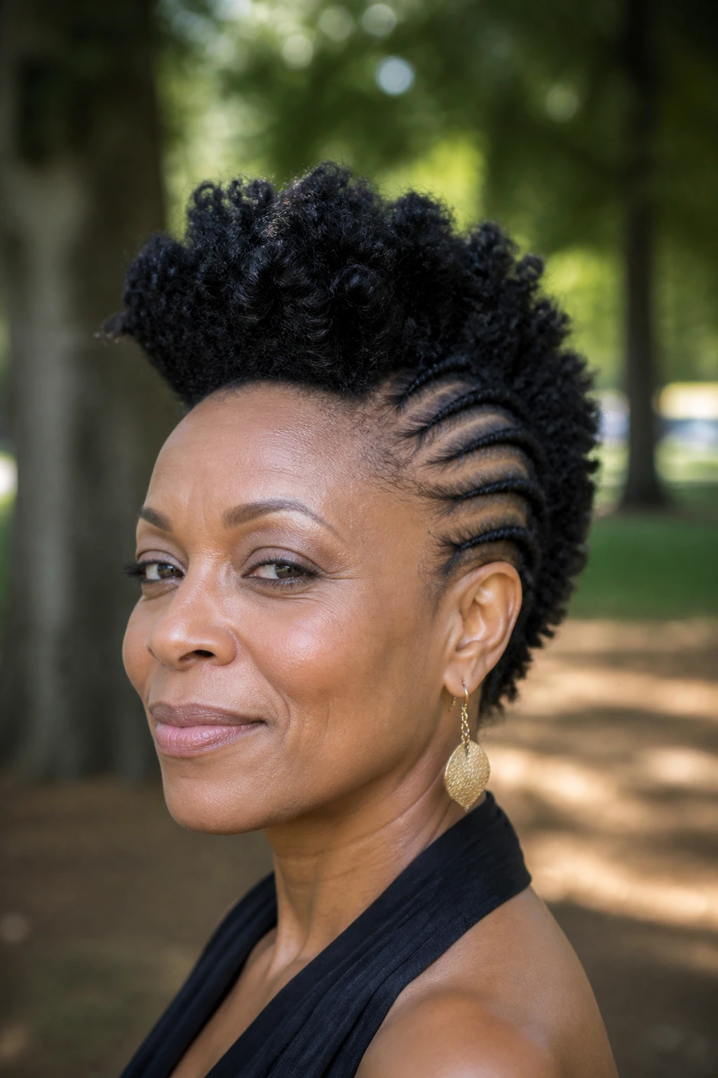 Portrait of a real woman with natural coiled mohawk in a park setting.
