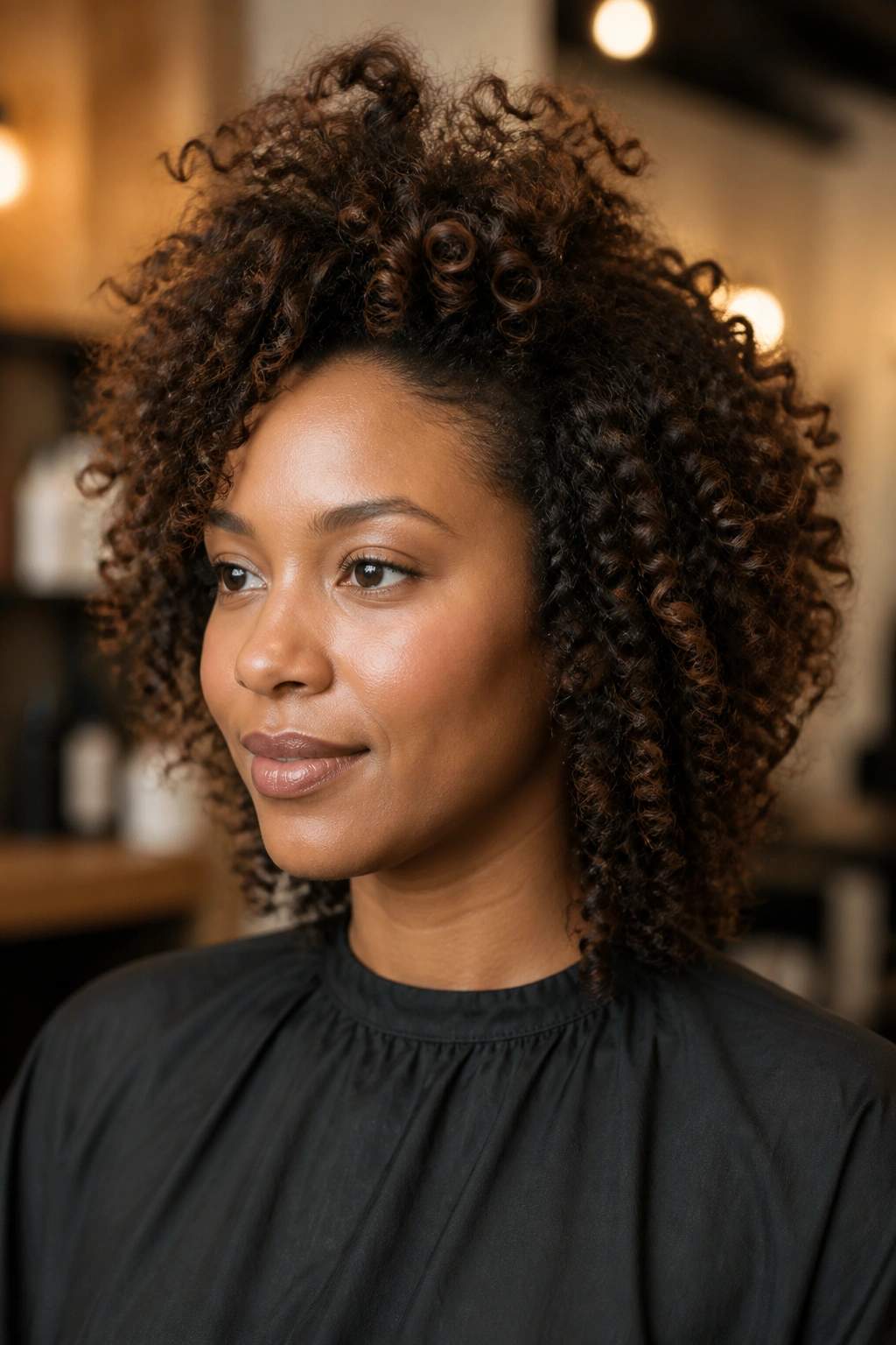 Portrait of medium curls with crown lift and tapered ends