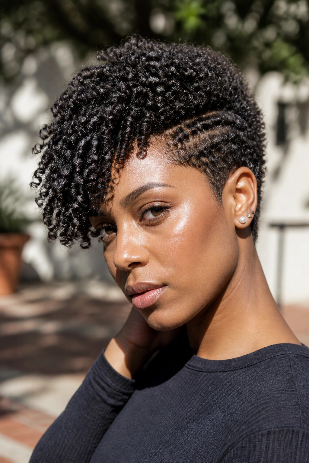 Close-up of a real woman with a coily asymmetrical crop and sculpted sides