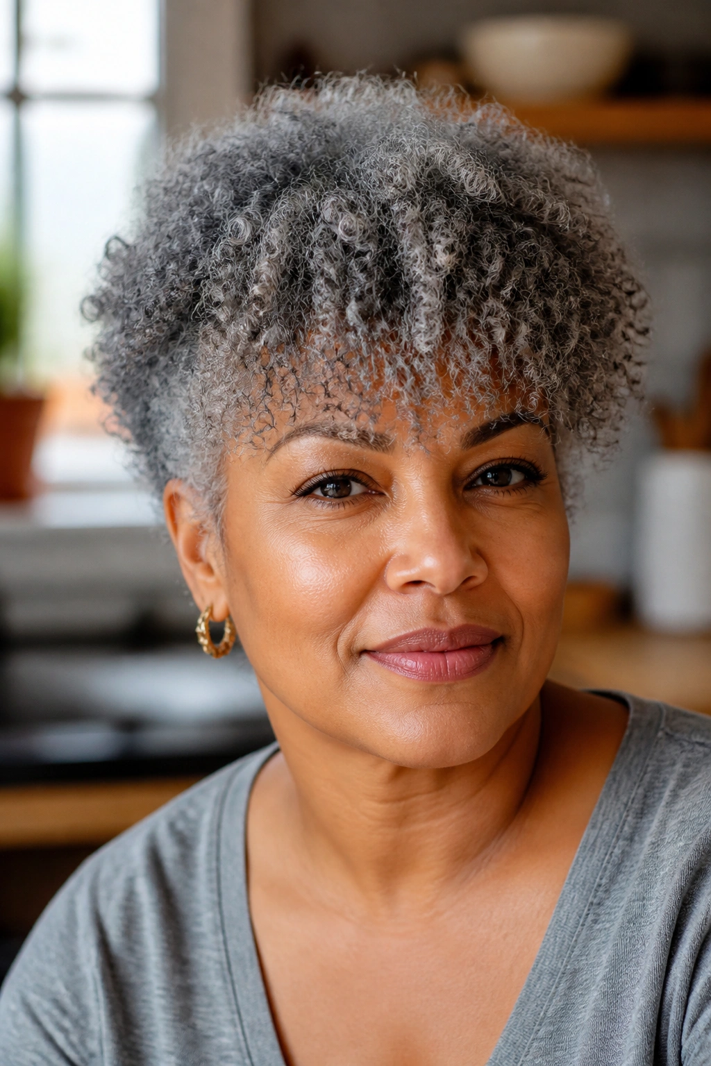 Close-up of a real person with coily fringe tapered to follow coil pattern in grey hair