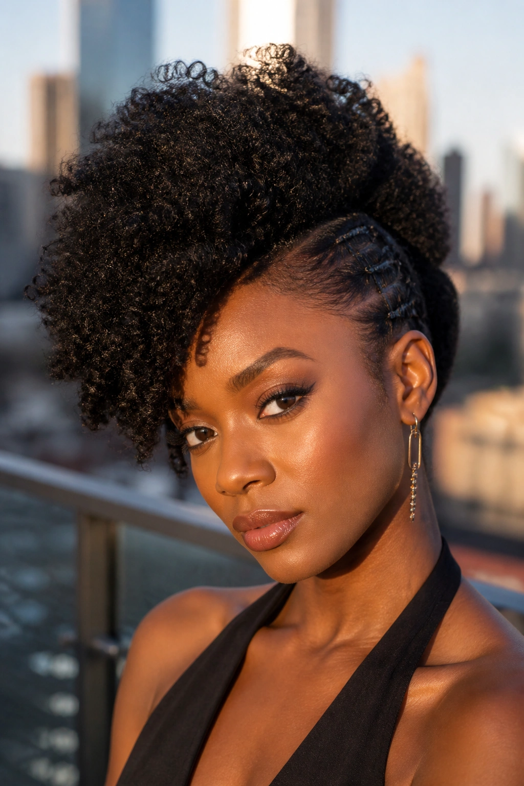 Close-up portrait of a real person with a side-swept faux hawk on coily hair in an urban rooftop golden hour setting