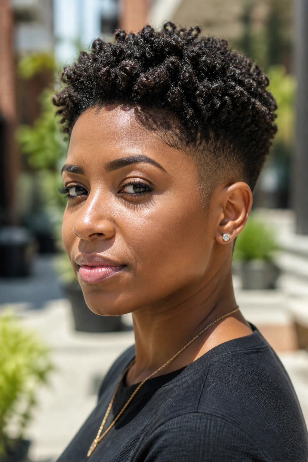 Close-up portrait of a real person with a tapered sides and full top showing coil pattern in natural outdoor light