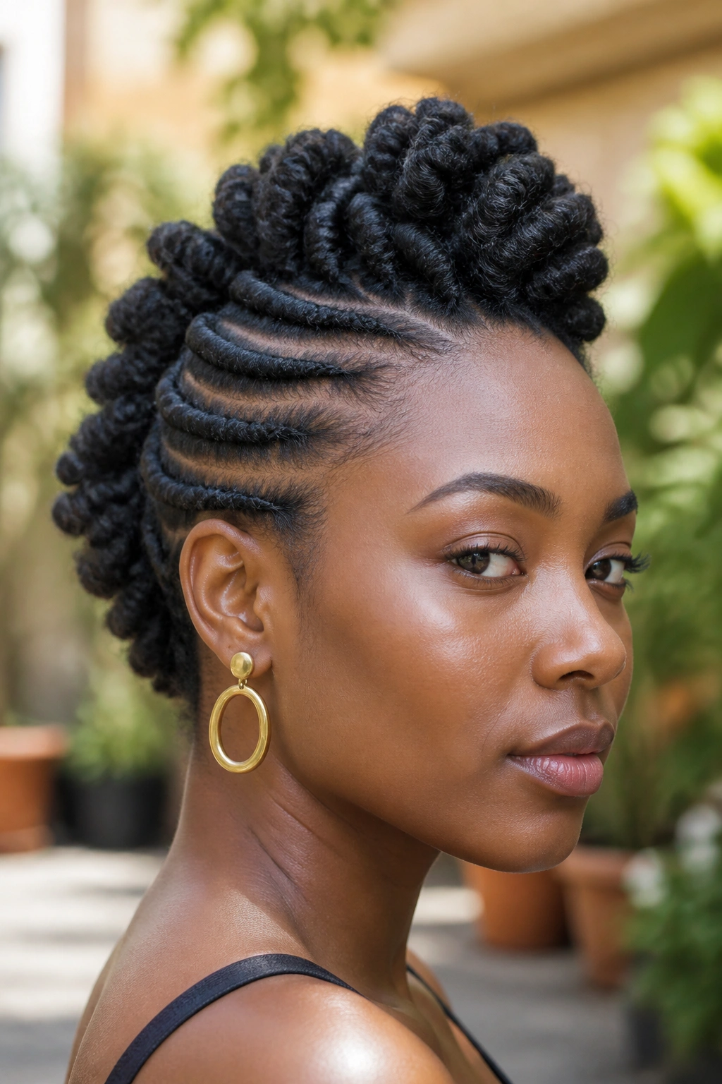 Close-up of real person with twisted mohawk on coily hair in outdoor setting