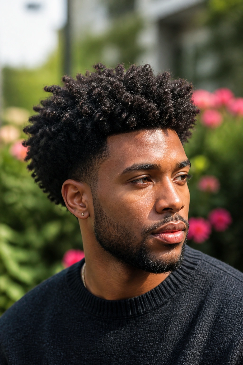 Portrait of a real person with layered coily hair and rounded silhouette in soft daylight