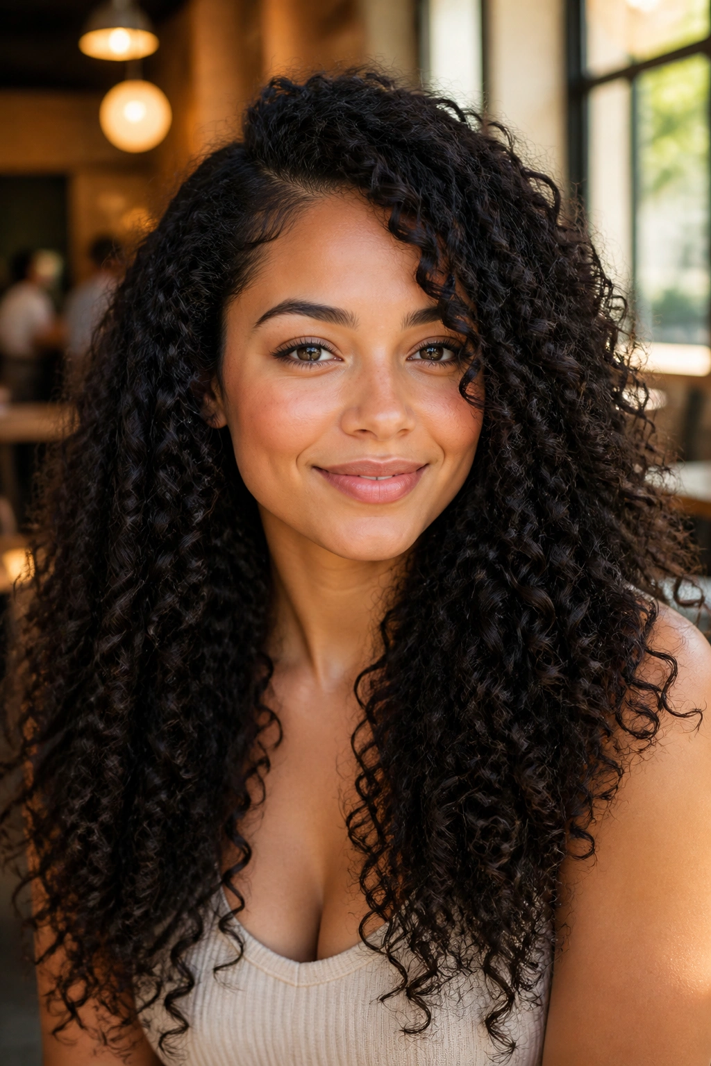 Close-up of a real woman with long coily layers and side part in soft cafe light