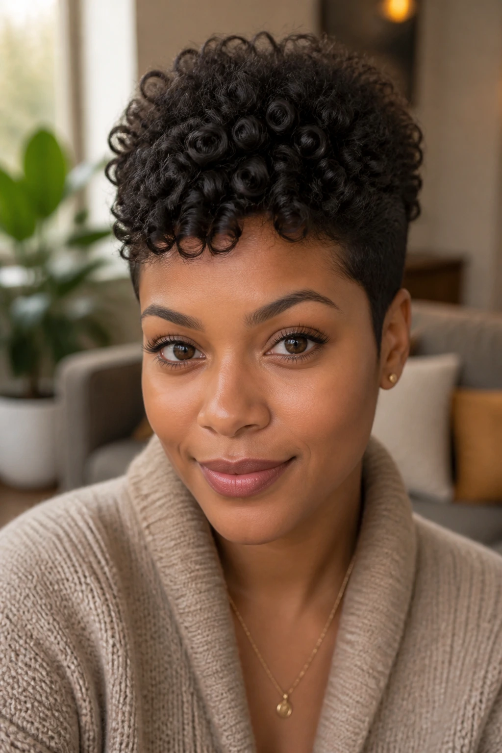 Close-up of a real woman with a bouncy coily pixie and extra crown length