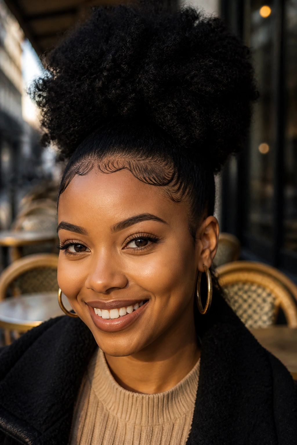 Close-up of a real person with a high coily puff and defined edges