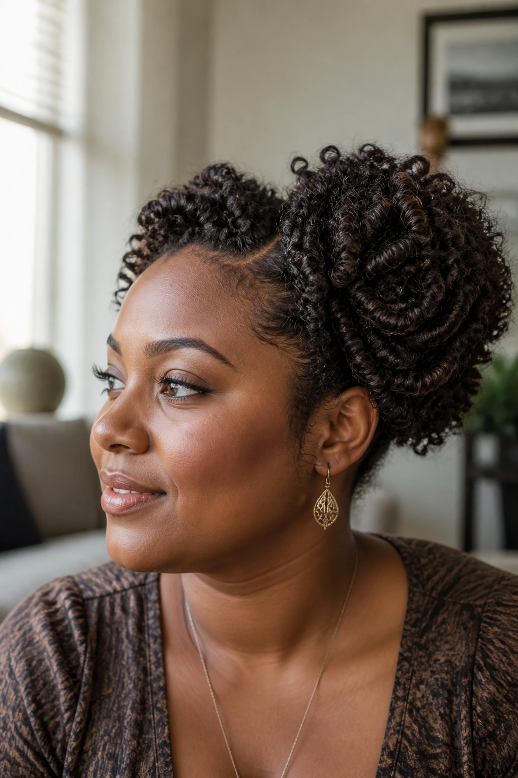 Portrait of a woman with a coily rose puff in natural hair