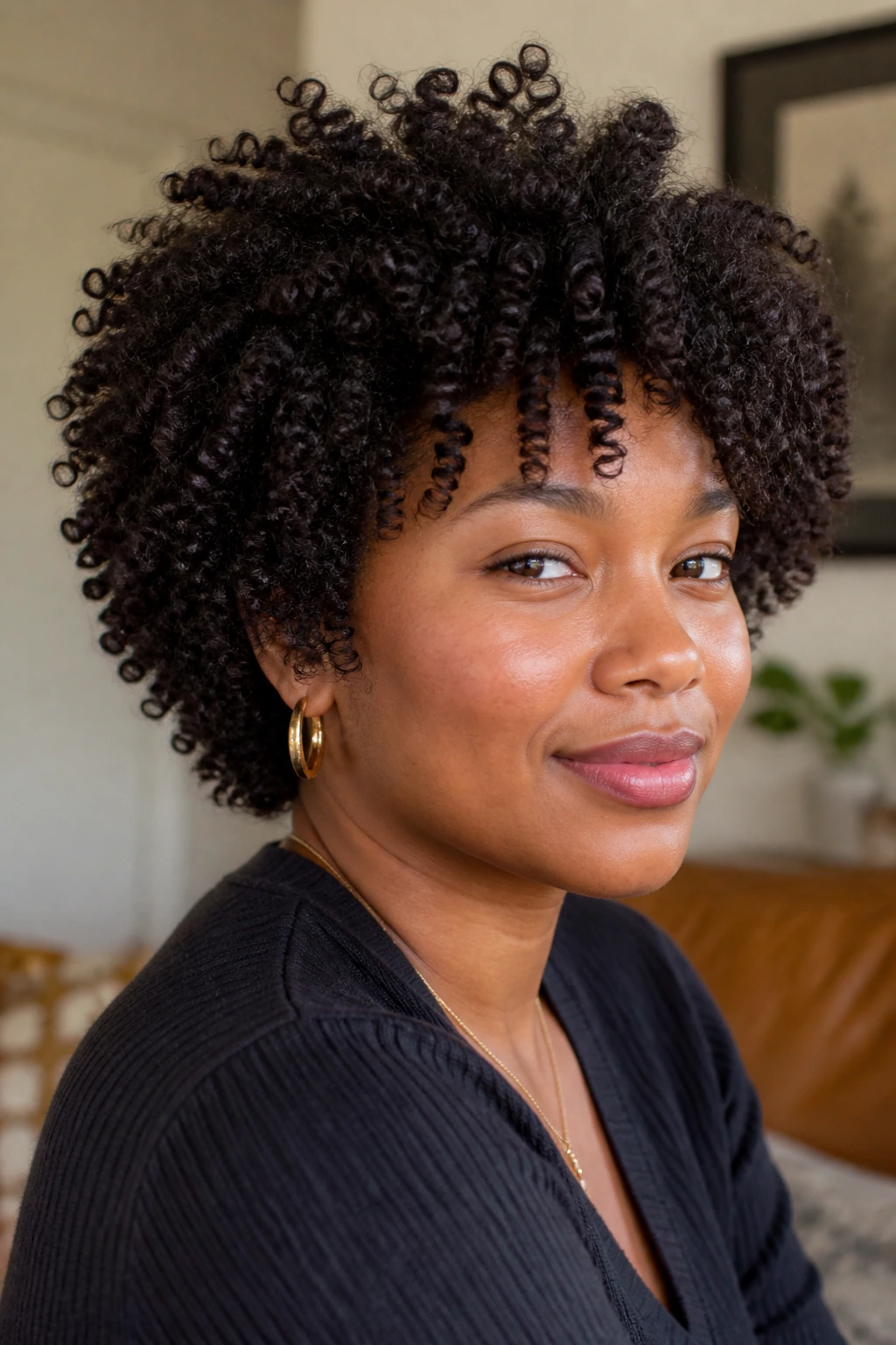 Close-up portrait of a person with a coily round-face shag hairstyle.