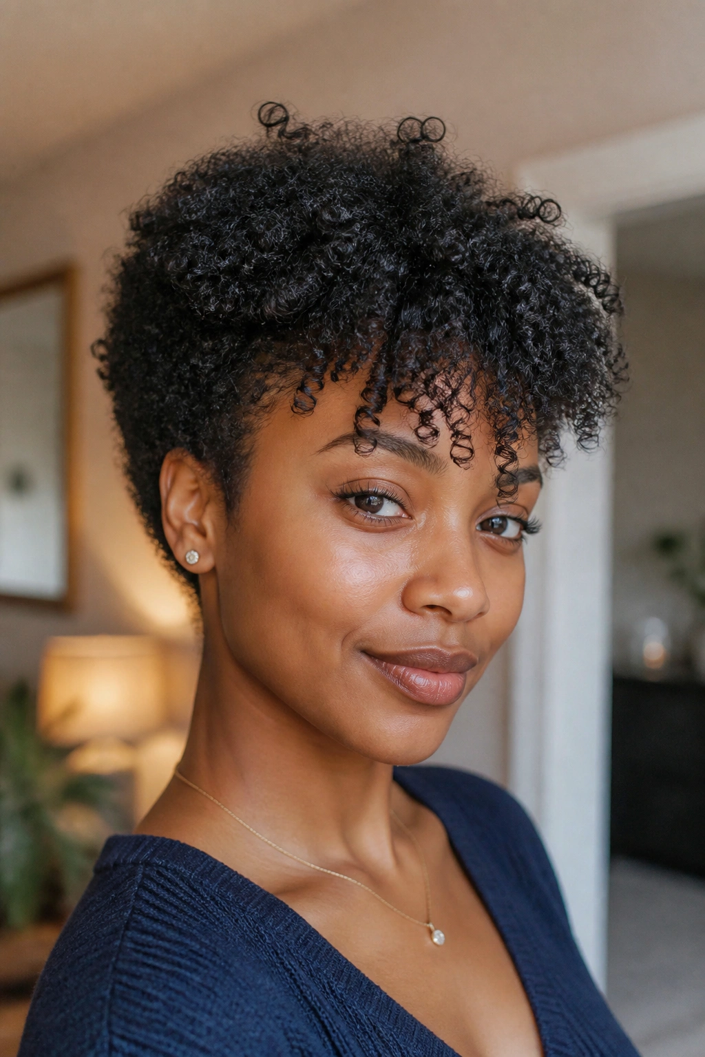 Close-up portrait of a real person with a tapered coily cut and airy fringe