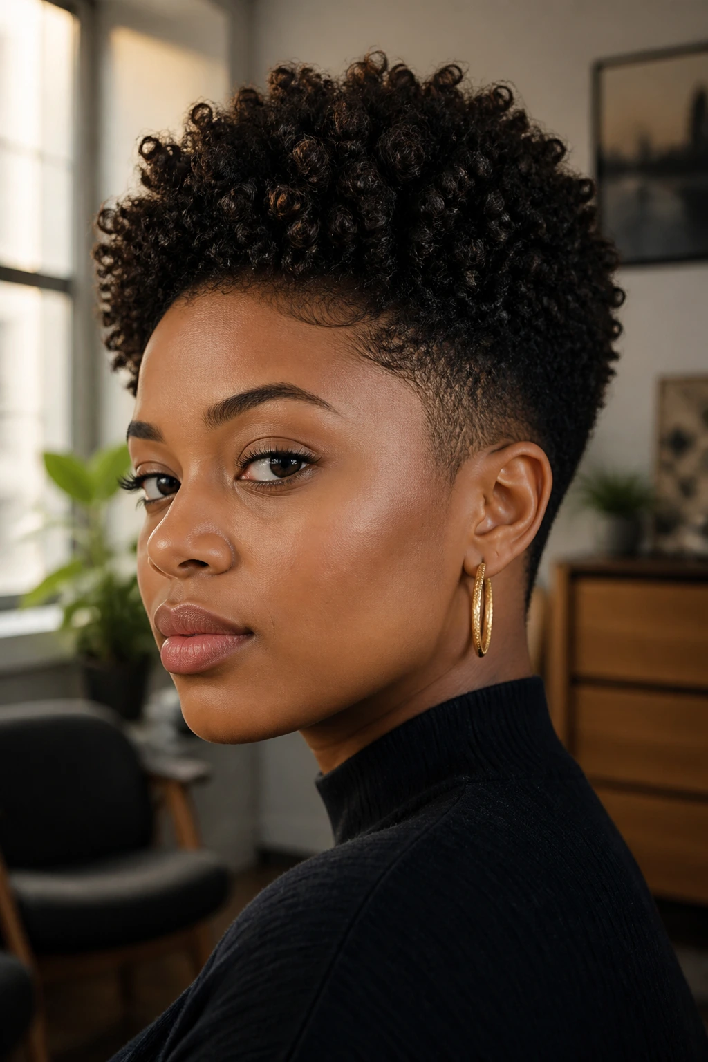 Close-up portrait of a real person with coily tapered cut featuring stacked coils and tapered sides.
