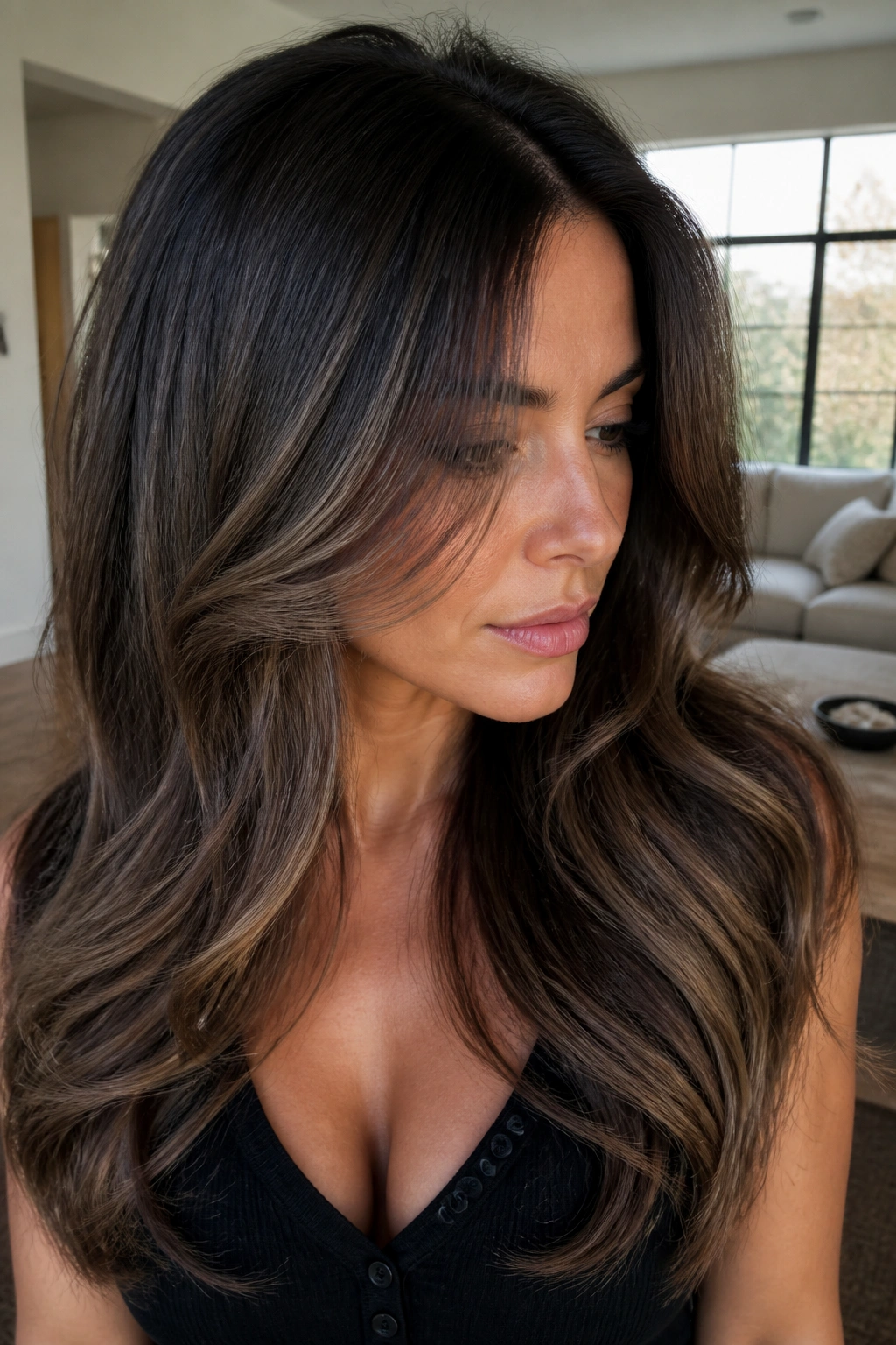 Portrait of a brunette with cold brew brown and mushroom balayage showing depth.